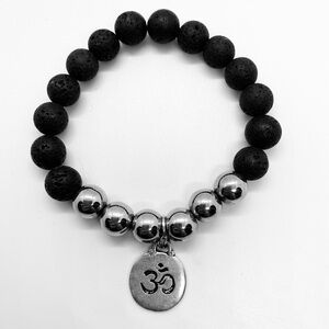 Black and Silver Beaded Bracelet with Om Charm